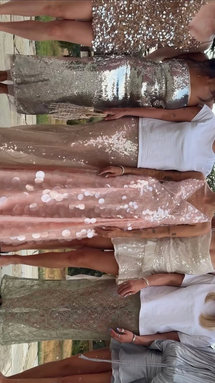 Women wearing shimmering sequined party dresses in silver, gold, and pink colors.