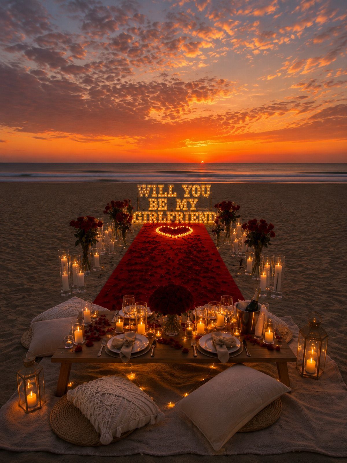 Romantic beach proposal setup with red rose petals, candles, and glowing marquee letters.