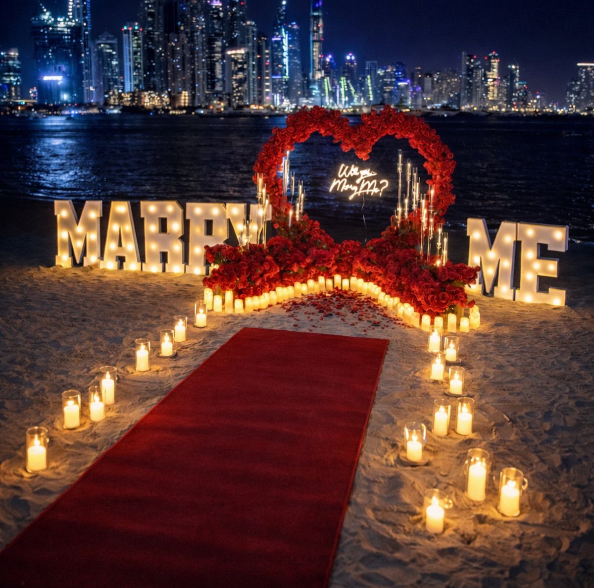Red carpet leading to a rose heart arch and glowing Marry Me letters.