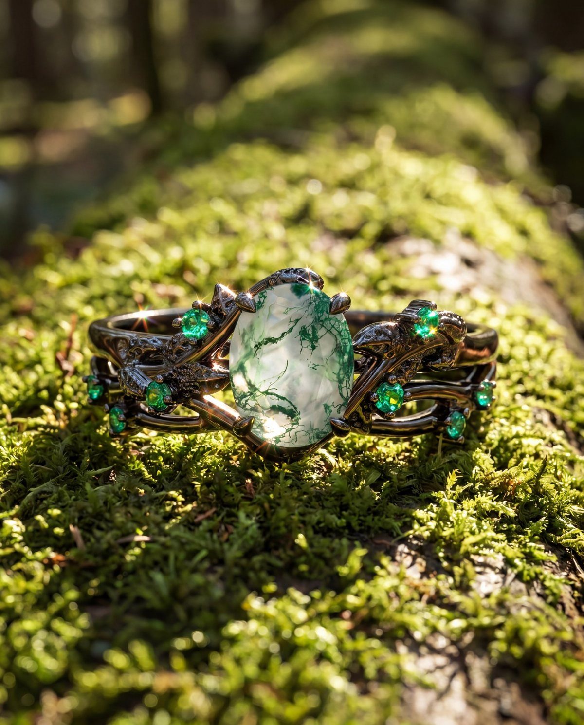 Ornate silver ring with moss agate stone resting on a green mossy log