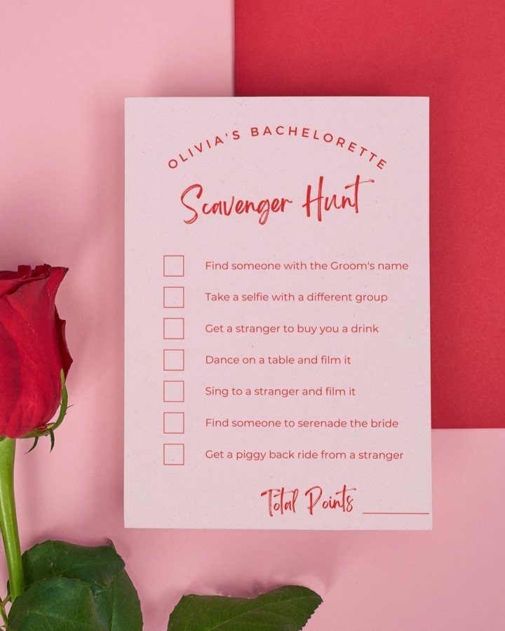 Bachelorette scavenger hunt checklist card with a red rose on pink background