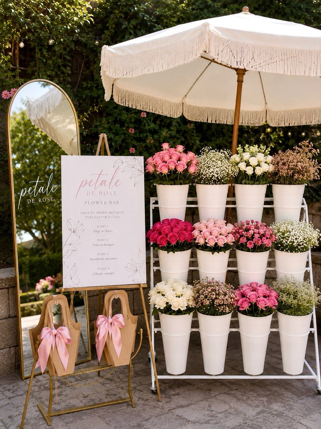 Flower bar setup with buckets of colorful blooms under a white fringed umbrella.