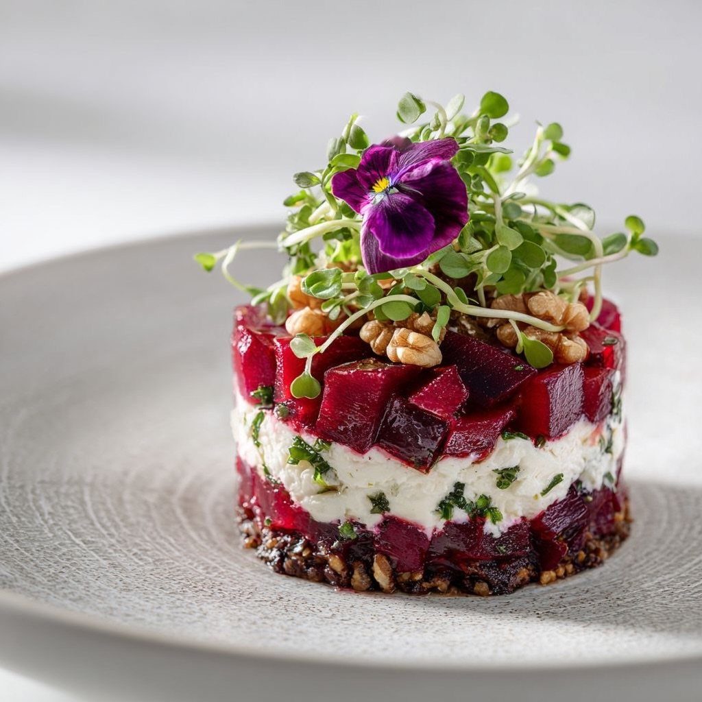 Layered beetroot and goat cheese appetizer topped with walnuts and a purple flower.