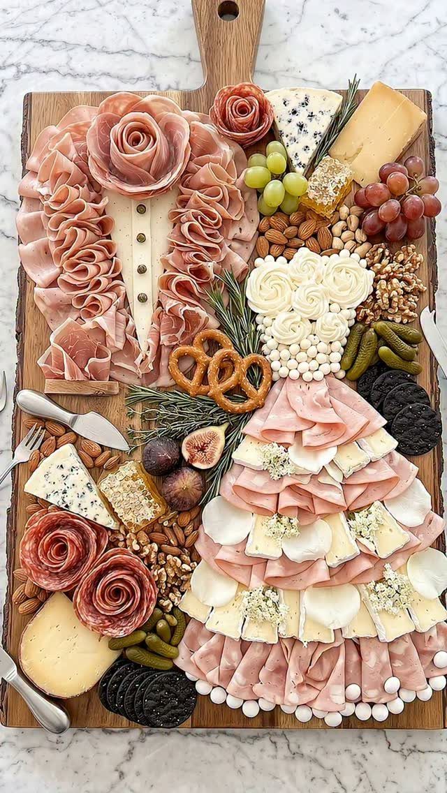 Charcuterie board arranged as a bride and groom with meats, cheeses, and fruits.