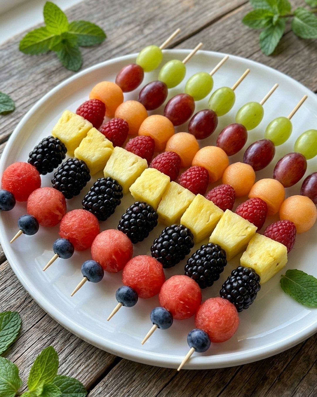 Fruit skewers with berries, melon, pineapple, and grapes on a white plate.