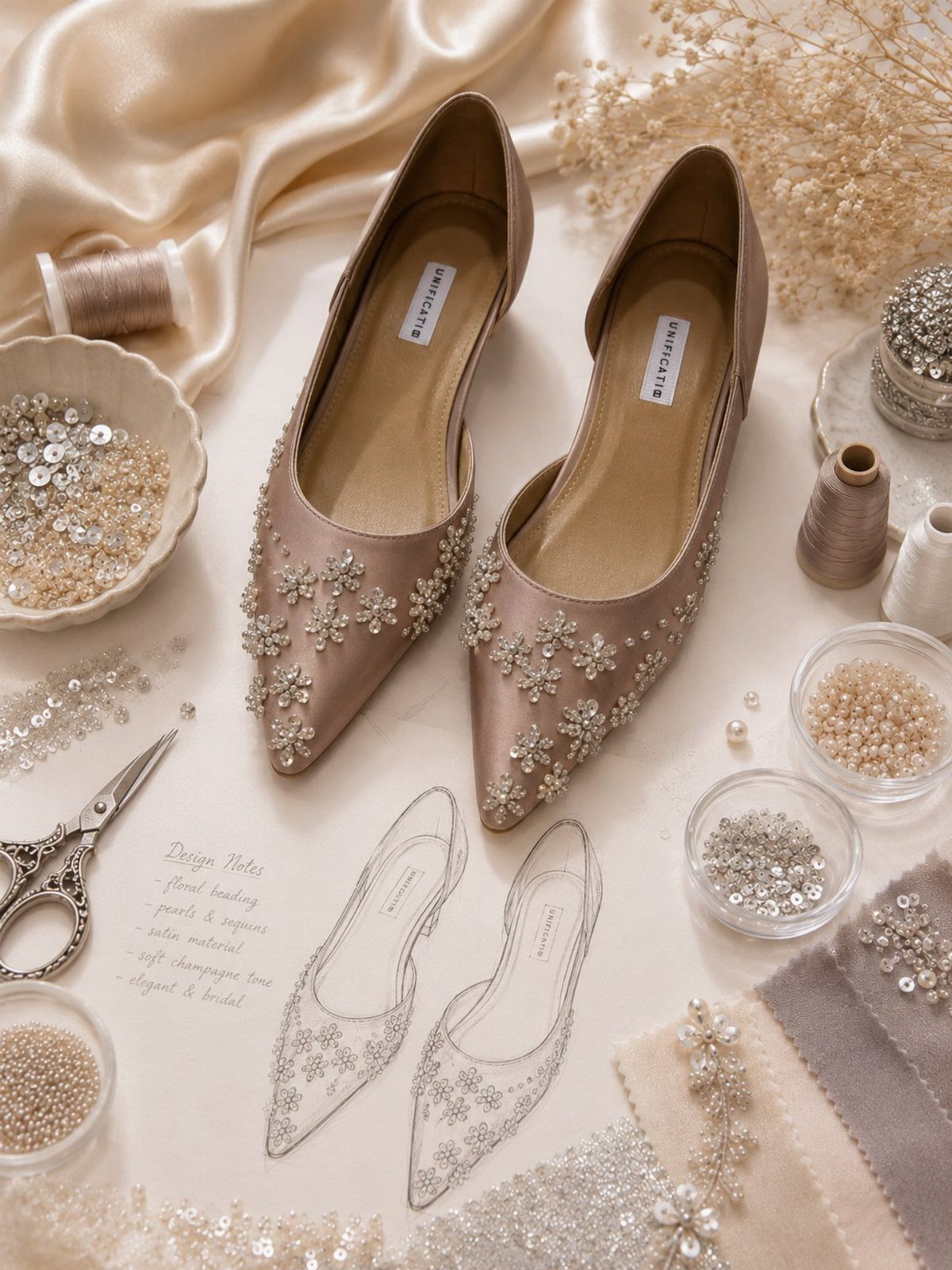 Champagne pointed-toe flats with floral beadwork surrounded by sewing materials and sketches.