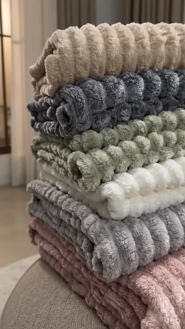 Stacked plush textured blankets in various pastel and neutral colors on a chair.
