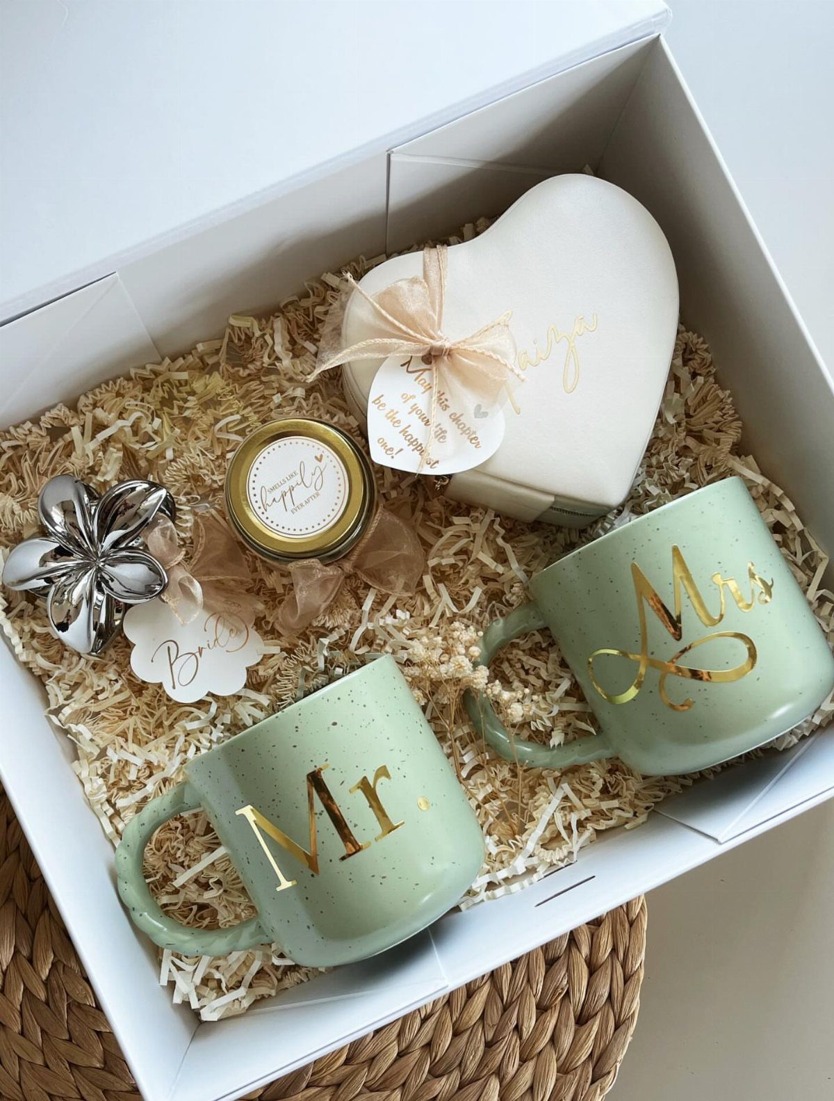 Two light green Mr and Mrs mugs in a white gift box