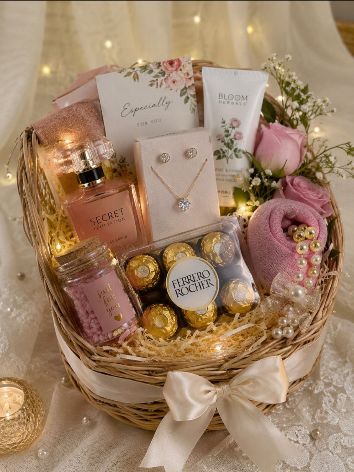 Wicker gift basket containing pink perfume, jewelry, chocolates, and skincare products with roses.