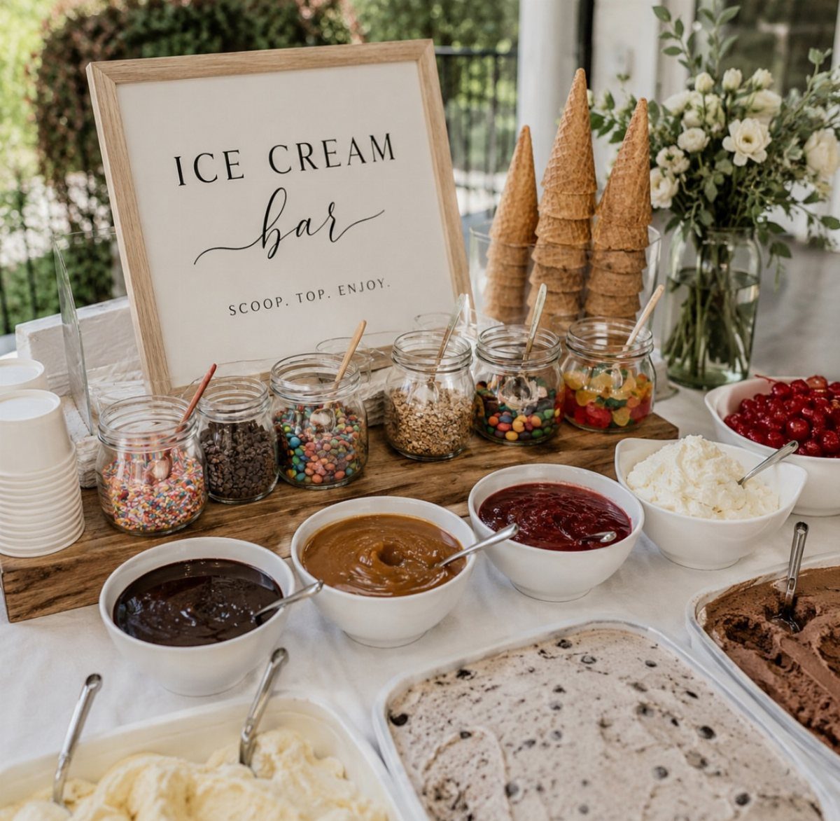 Ice cream bar with various flavors, toppings, sauces, and waffle cones on a table.