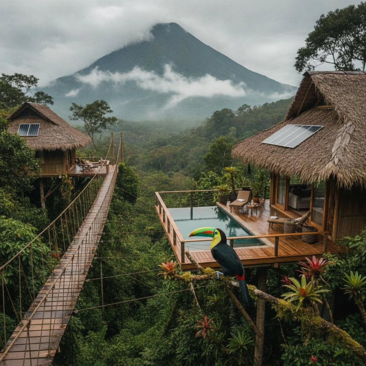 Wooden jungle villas with a private pool and suspension bridge facing a volcano.