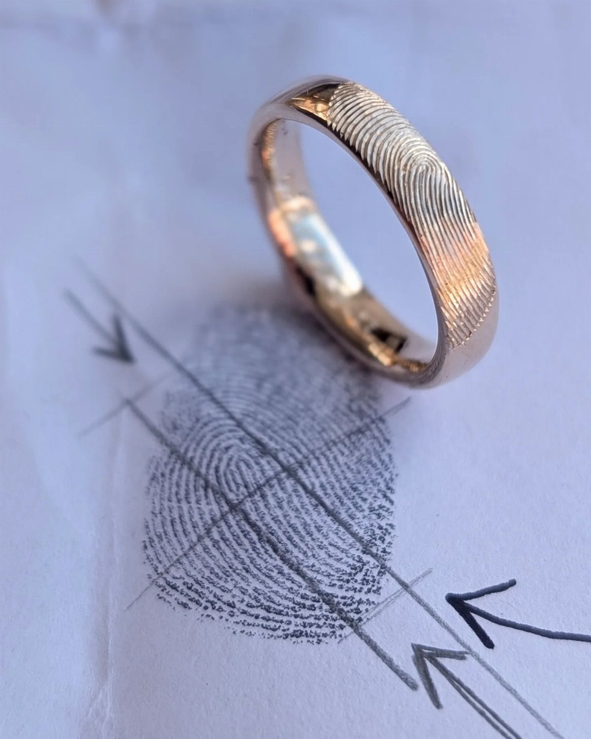 Silver wedding band with engraved fingerprint resting on paper with ink fingerprint