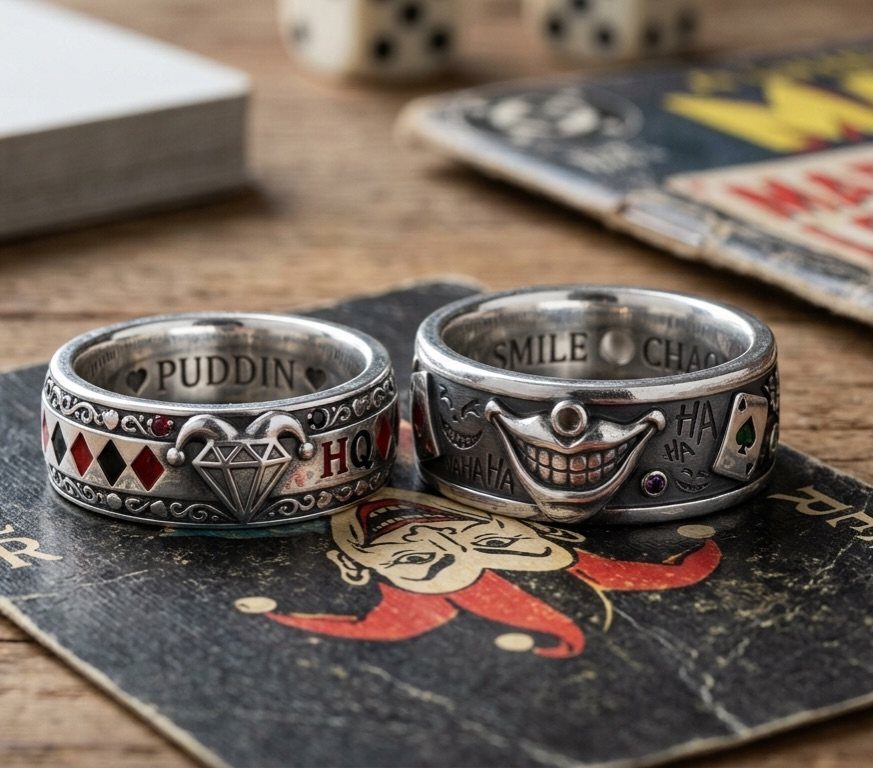 Two silver rings with Joker-themed designs resting on a playing card.