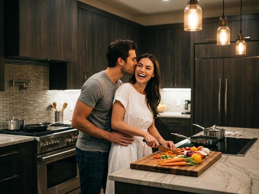 Couple hugging and laughing while chopping vegetables in a modern home kitchen.