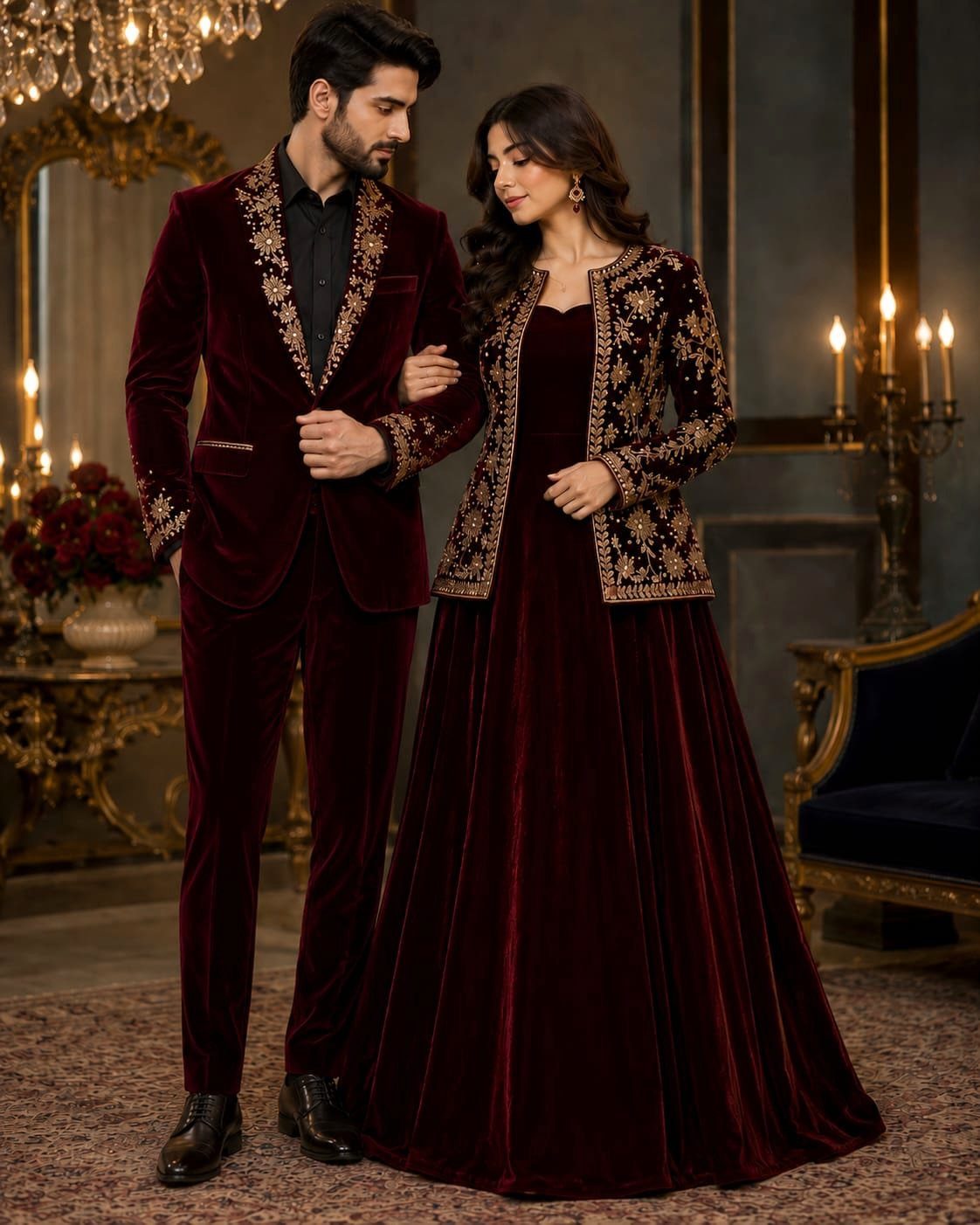 Couple in matching burgundy velvet formal attire with gold embroidery in a luxury room