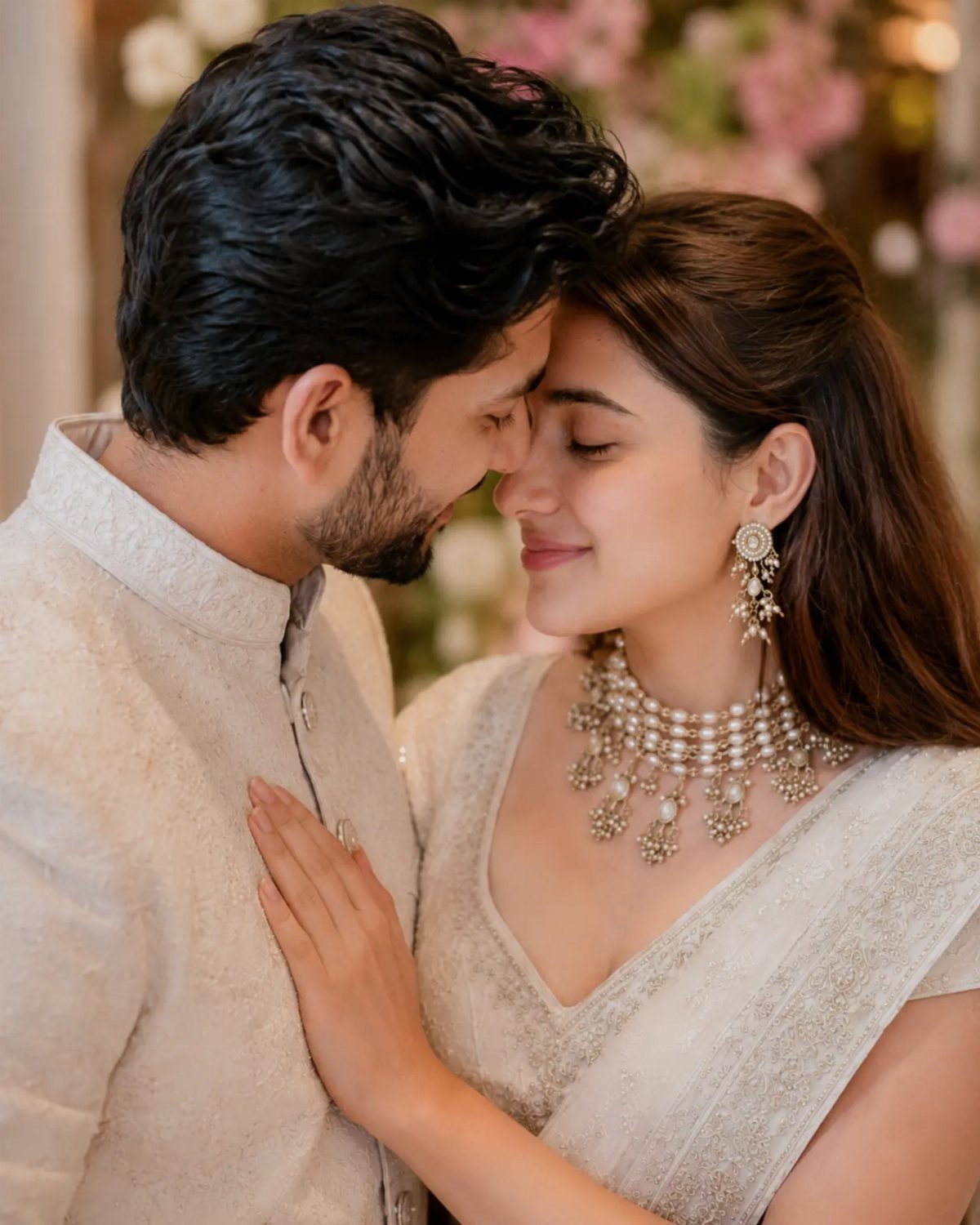 Couple in white traditional Indian attire featuring a heavy ornate silver pearl necklace.