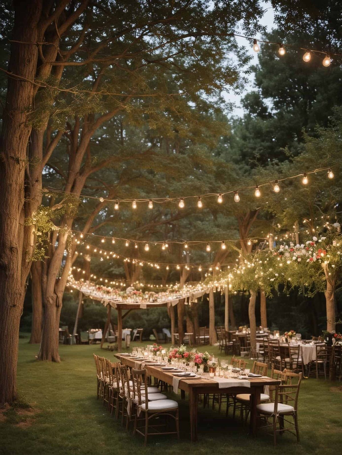 Outdoor dinner tables with floral centerpieces under glowing string lights in a forest