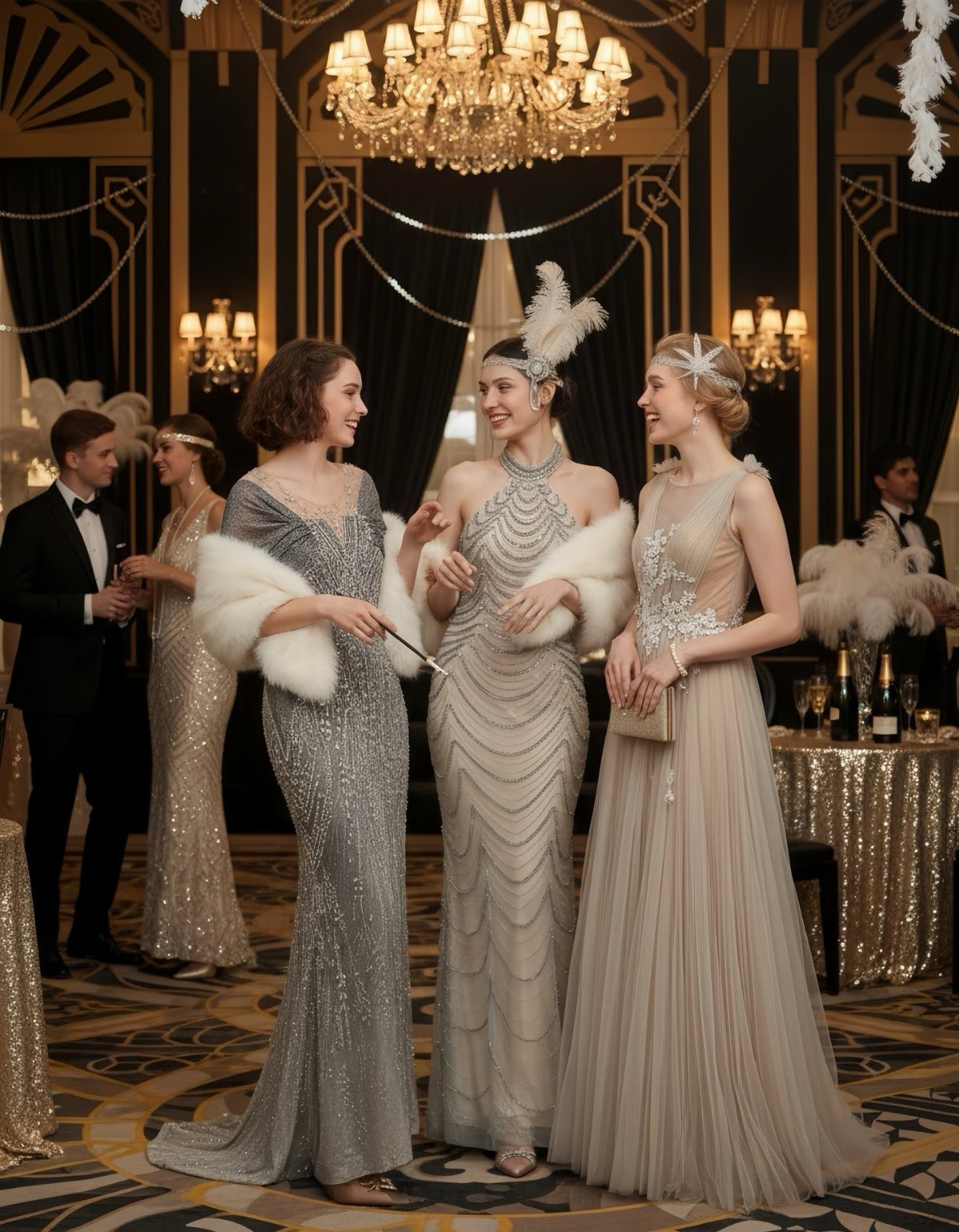 Women in 1920s flapper dresses posing in a lavish art deco ballroom