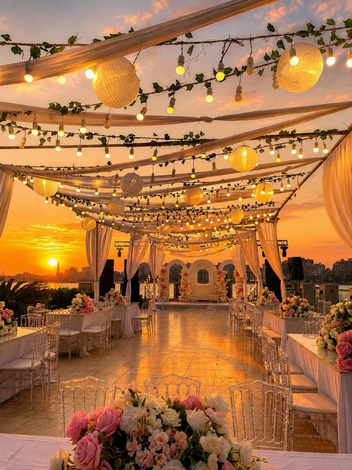Outdoor event setup with white tables and string lights during a golden sunset.