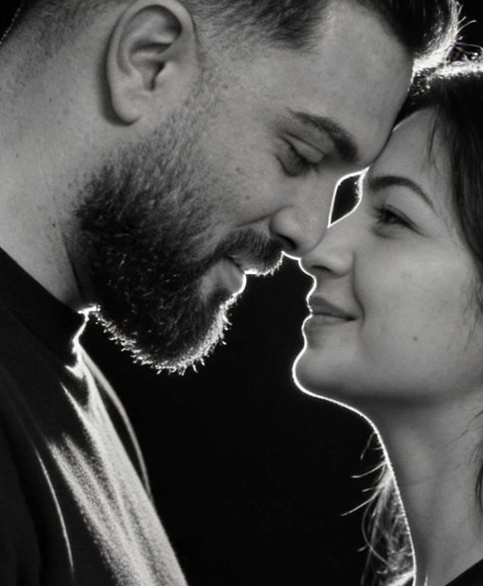 Man and woman touching foreheads in an intimate black and white close-up portrait.