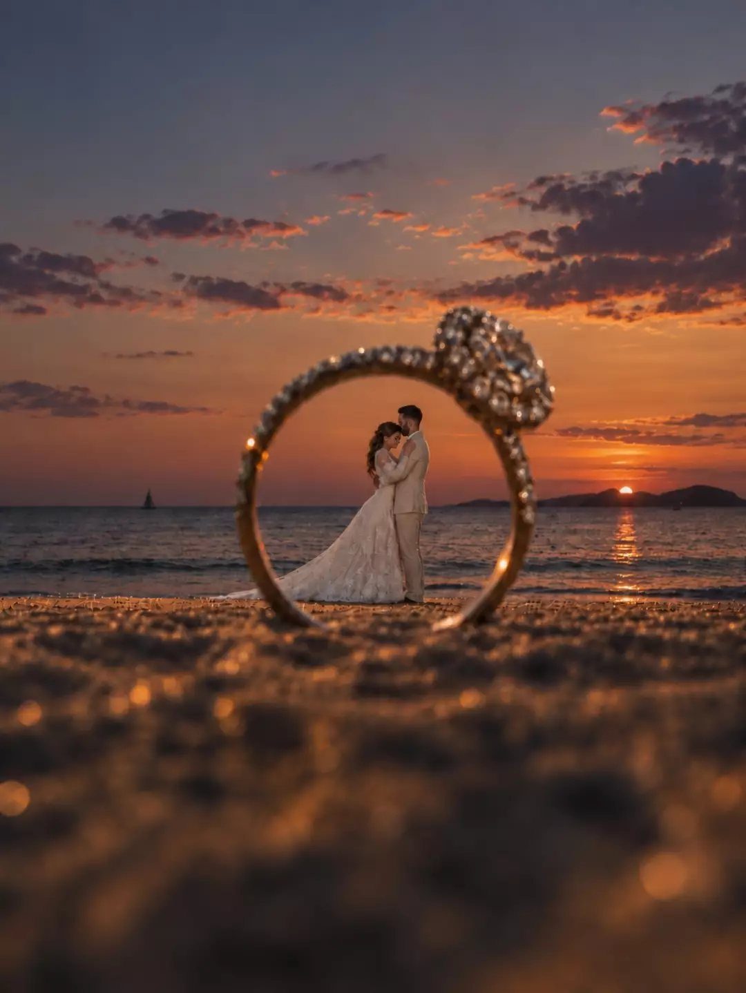 Diamond engagement ring in beach sand with a wedding couple embracing at sunset
