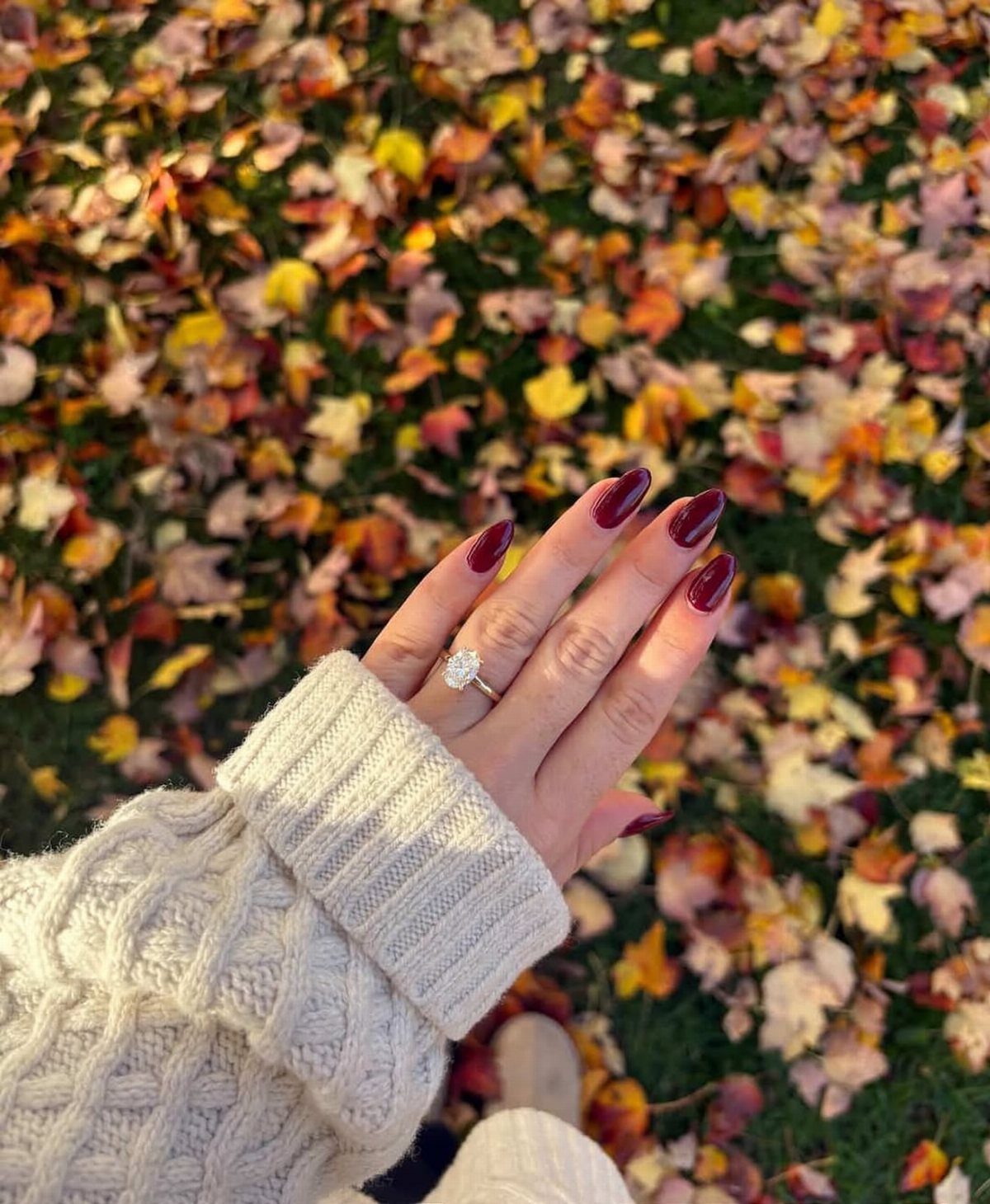 Hand with diamond engagement ring held over a bed of colorful autumn leaves