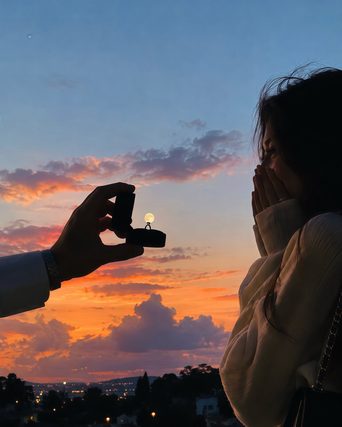 Silhouette of a man proposing with a ring against a vibrant sunset sky.