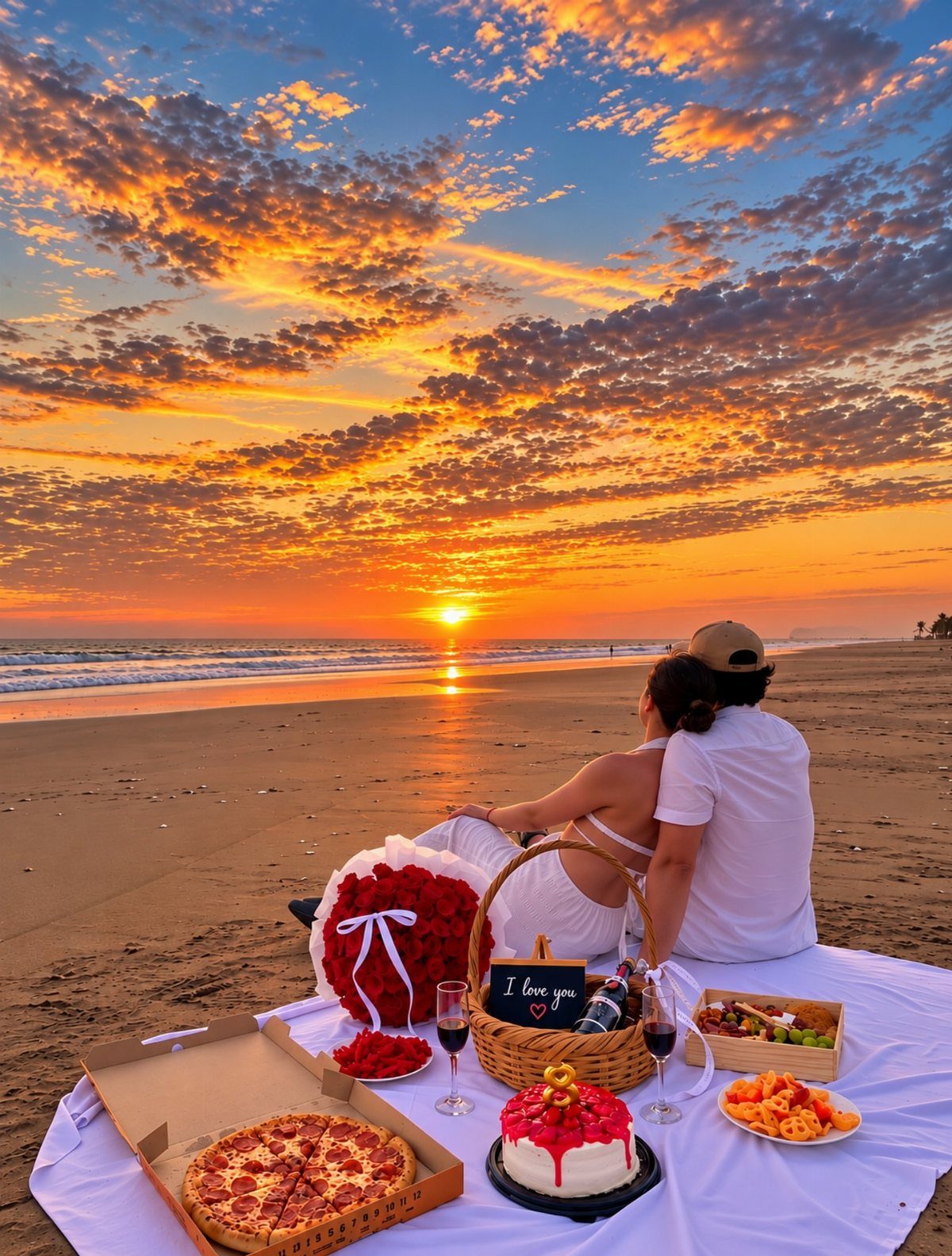 Couple enjoying a romantic beach picnic with pizza and cake during a vibrant sunset.