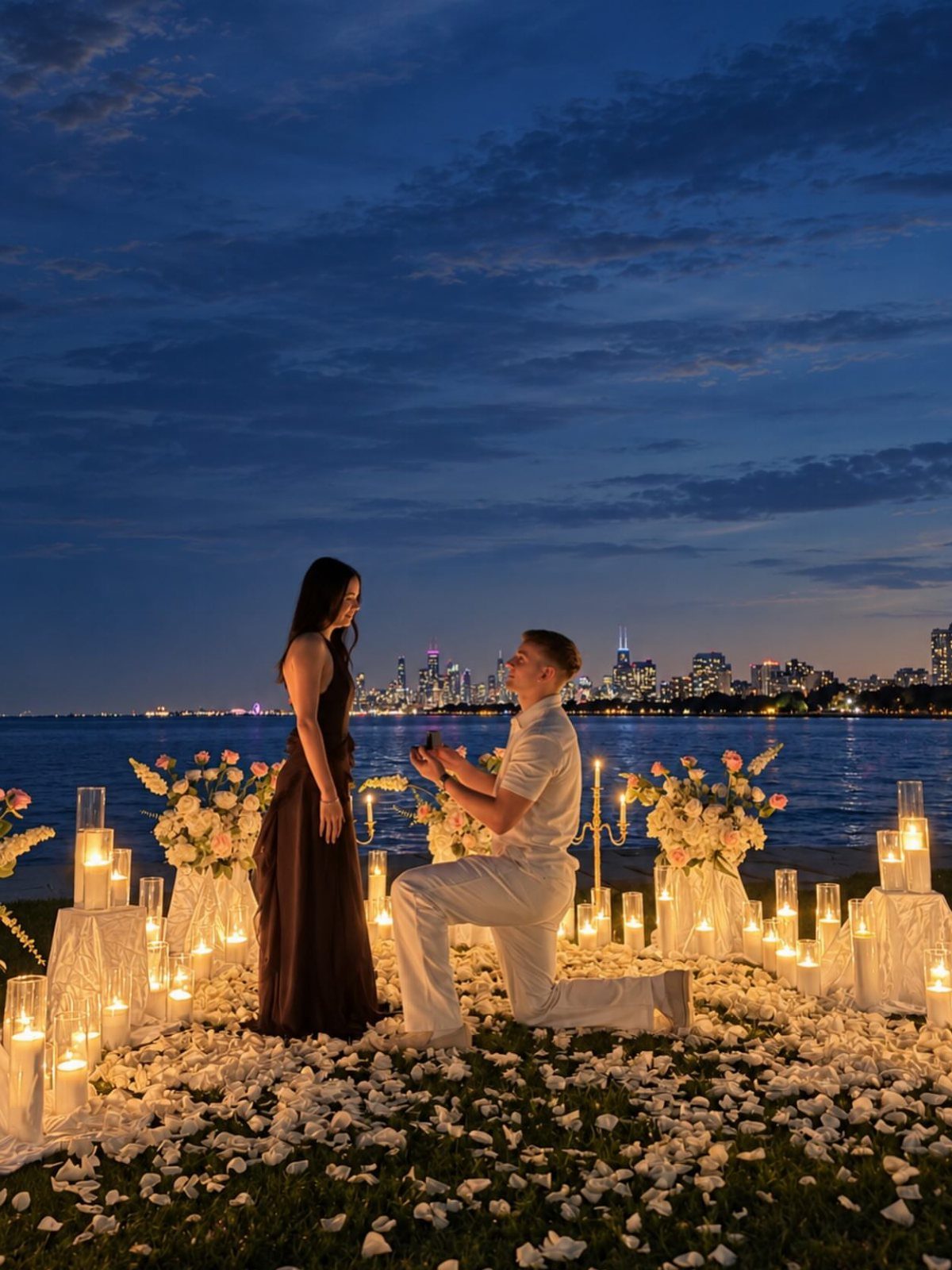 Man proposing to a woman amidst candles and petals with city skyline background