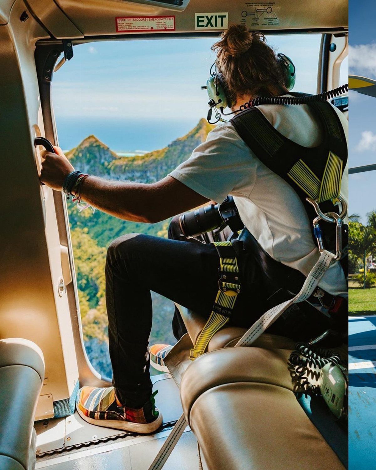 Man in a helicopter looking at tropical mountains and ocean coastline from above