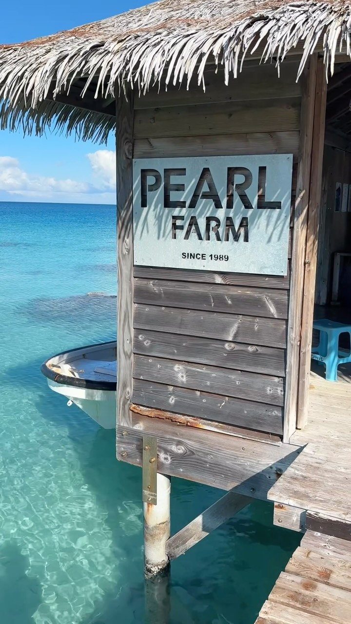 Pearl Farm sign on a thatched wooden hut over clear turquoise ocean water
