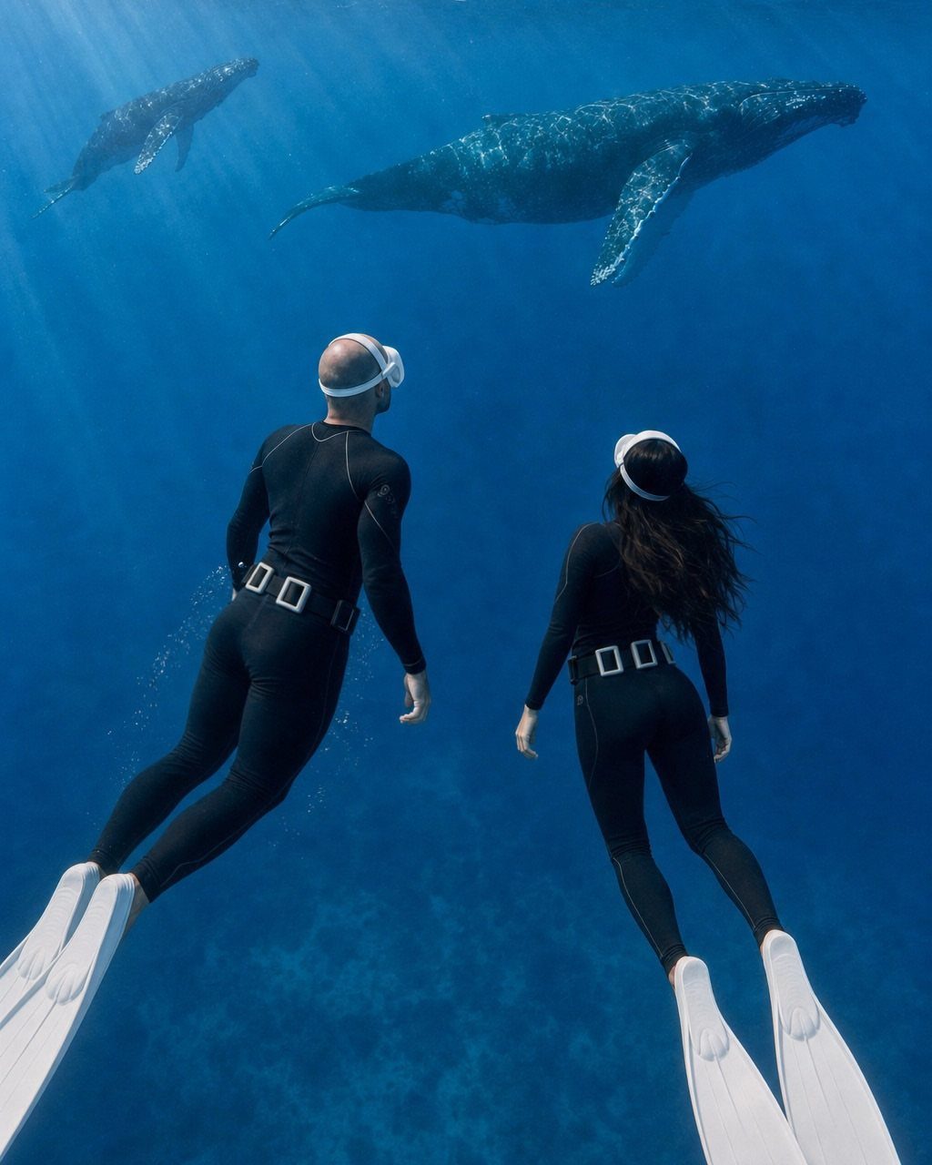Two divers in black wetsuits swimming underwater with two humpback whales.