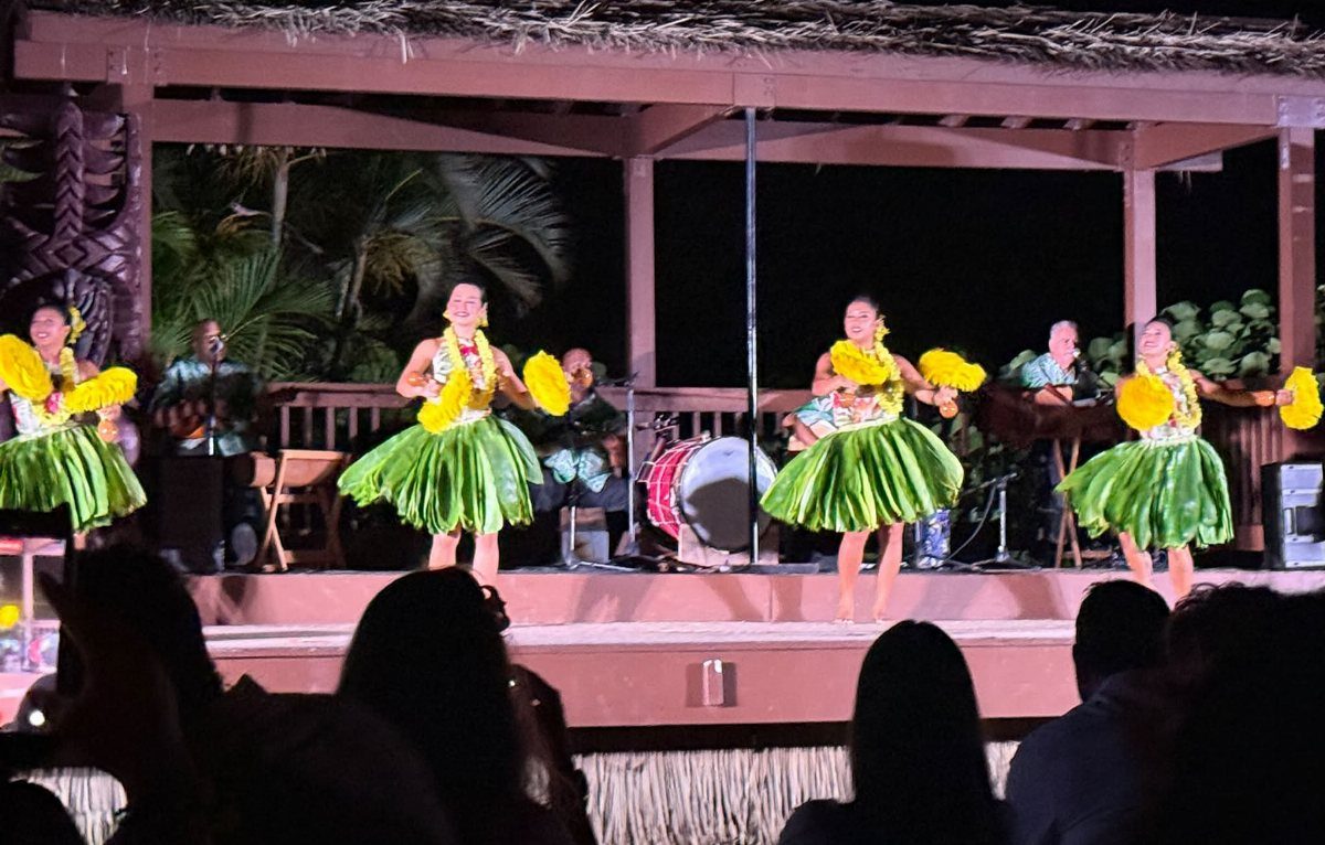 Hula dancers in green grass skirts performing on a stage at night.