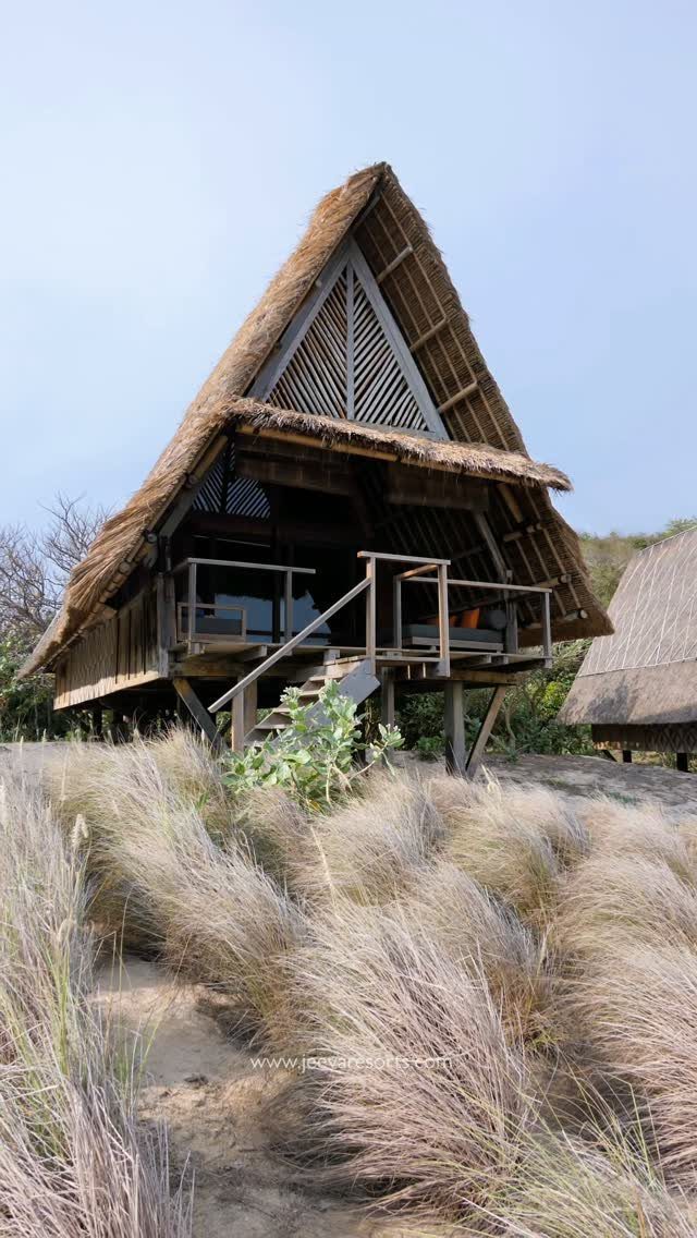 Thatched-roof wooden villa on stilts surrounded by tall beach grass and sand.