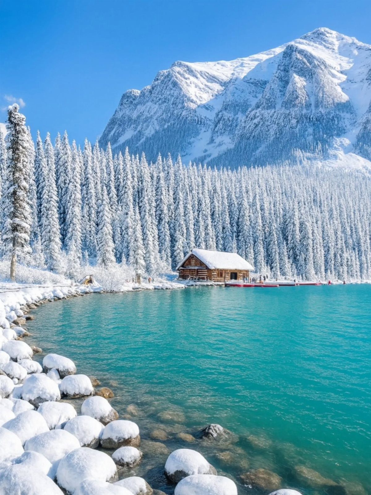 Turquoise lake shore with snow-covered rocks, a wooden cabin, and snowy mountains.