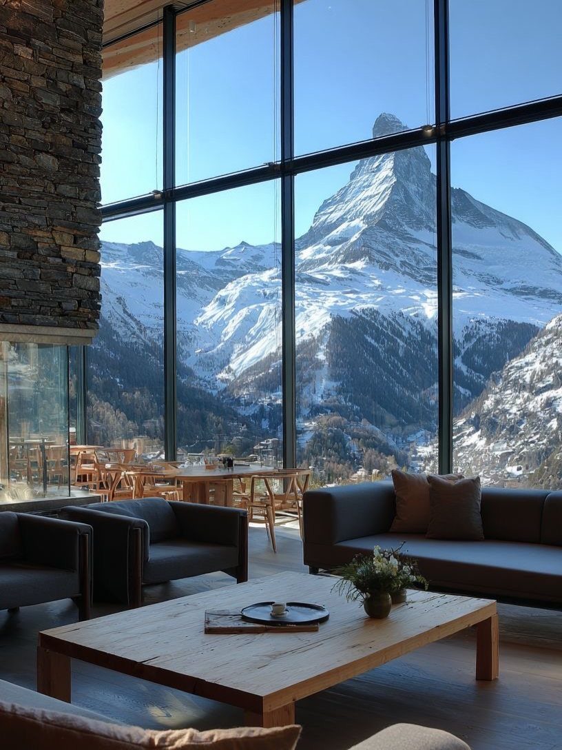 Modern living room with large windows overlooking the snow-capped Matterhorn mountain peak.