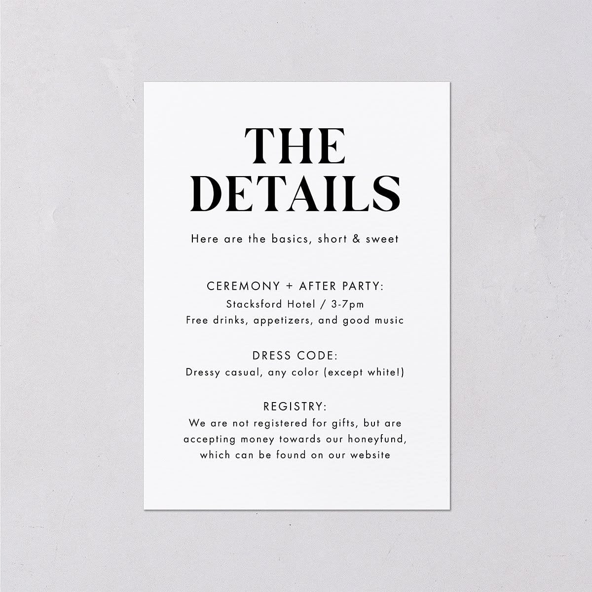 Wedding details card with text mentioning a honeyfund registry on a wedding website.