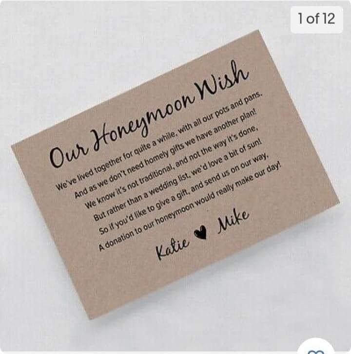 Brown kraft paper honeymoon fund card with a poem and couple's names.
