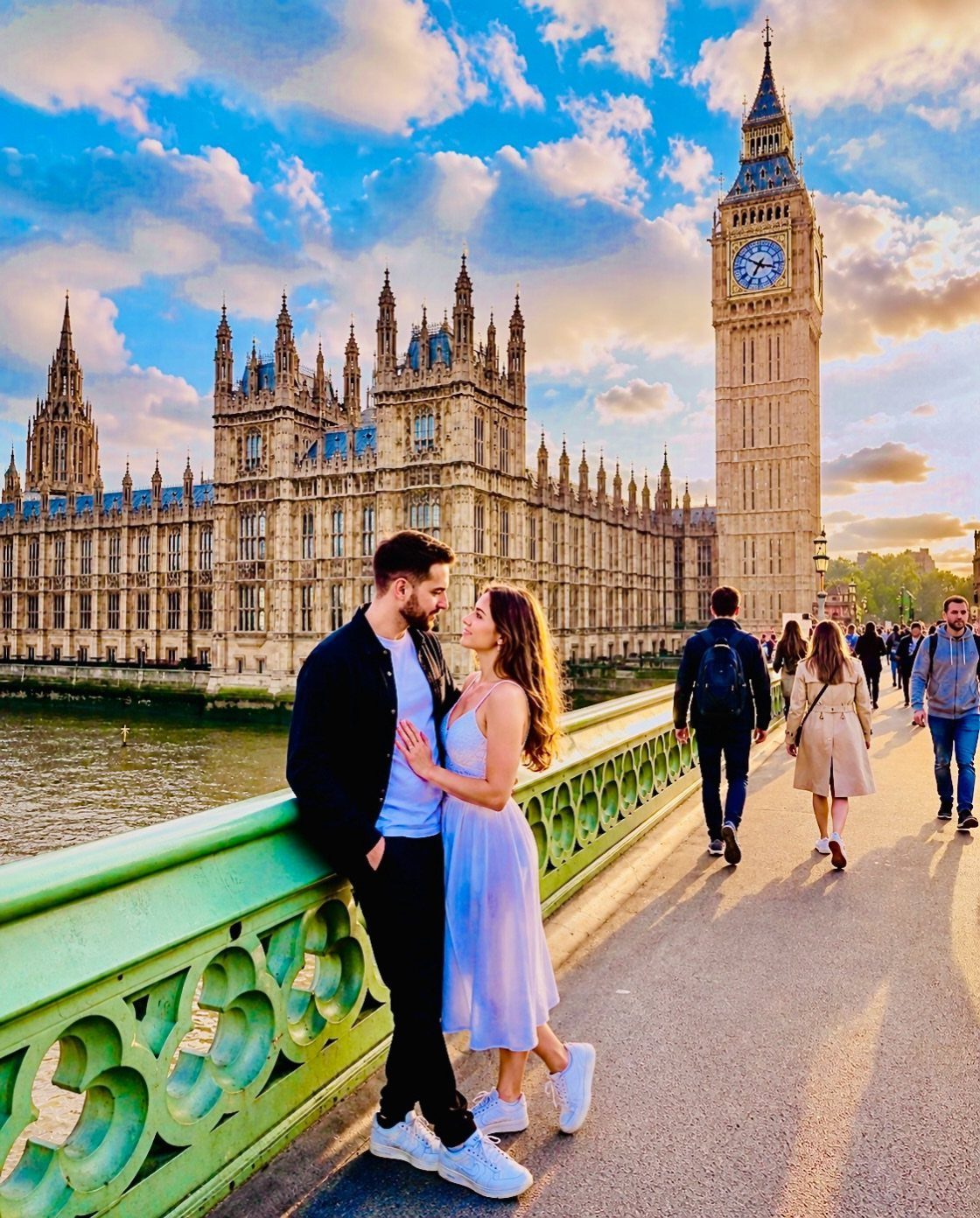Couple embracing on Westminster Bridge with Big Ben and Parliament in the background