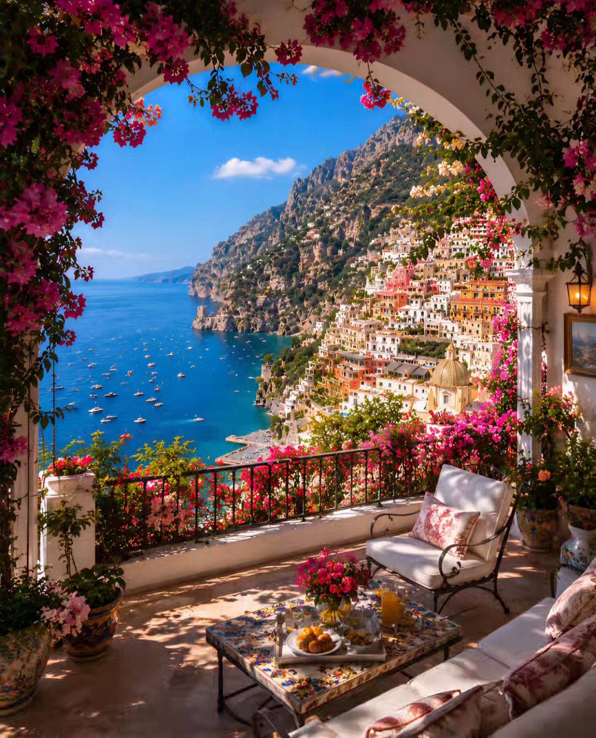 Coastal town with colorful buildings on a cliff viewed from a flowered balcony.