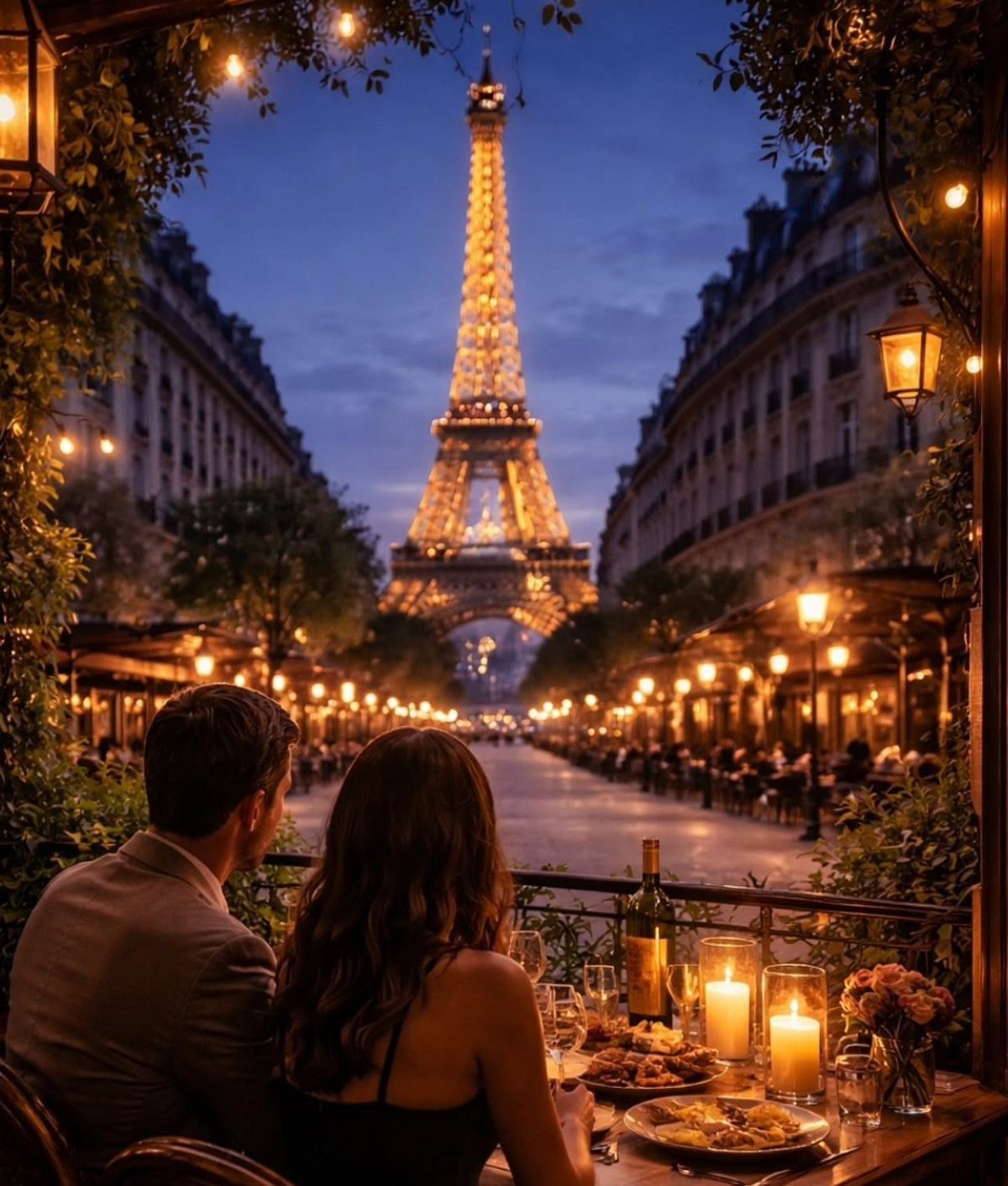 Couple dining at a candlelit outdoor restaurant with the illuminated Eiffel Tower in background