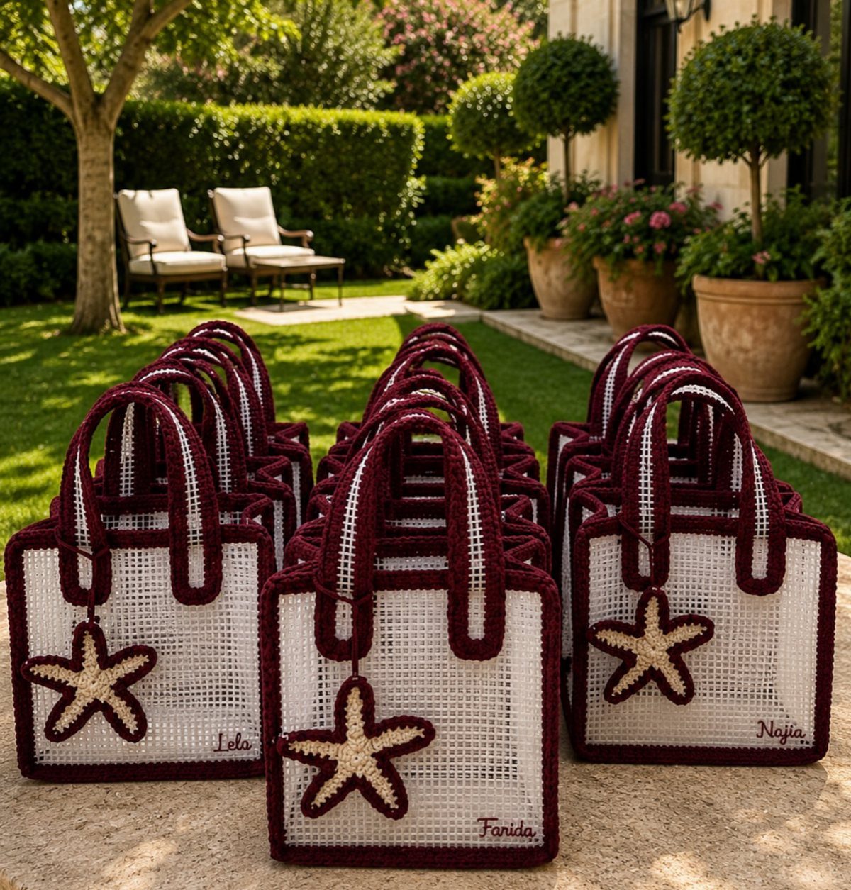 Personalized white woven bags with burgundy trim and starfish charms in a garden setting.