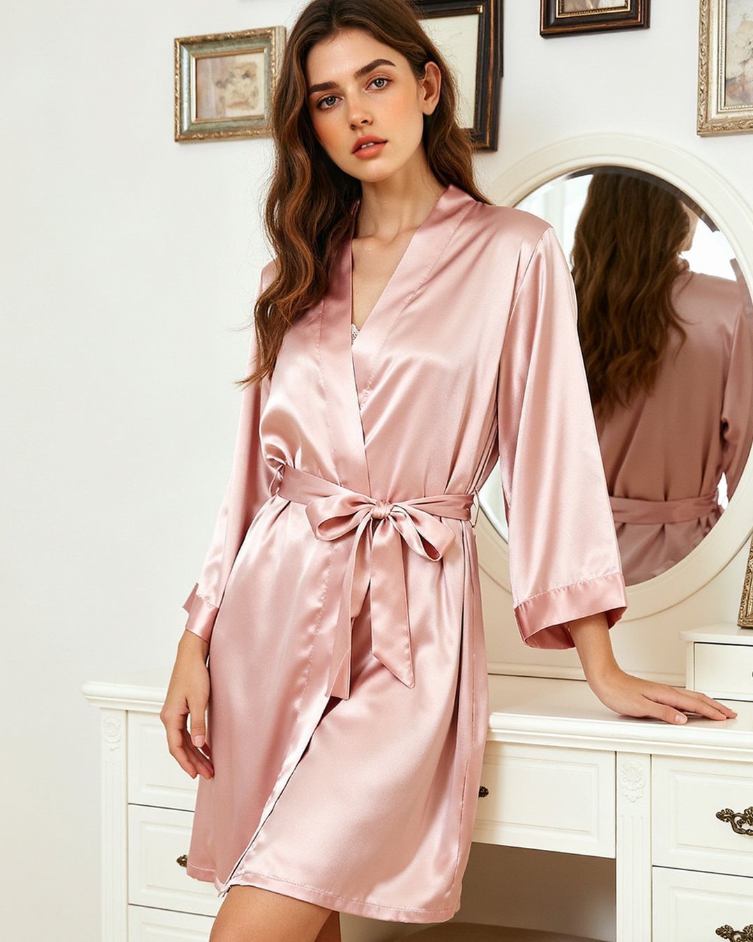 Woman wearing a pink silk robe standing by a white vanity mirror.