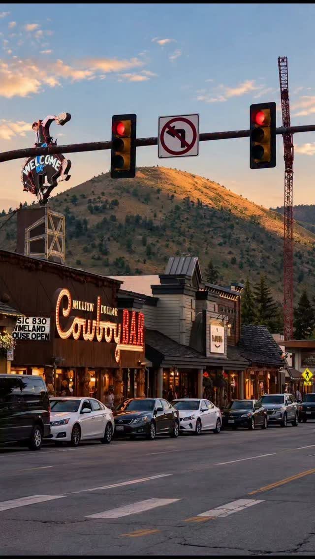 Million Dollar Cowboy Bar street scene with mountains and traffic lights in Jackson Hole