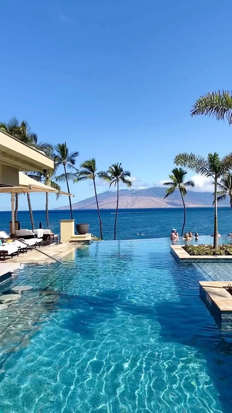 Infinity pool overlooking a tropical ocean with palm trees and distant mountains.
