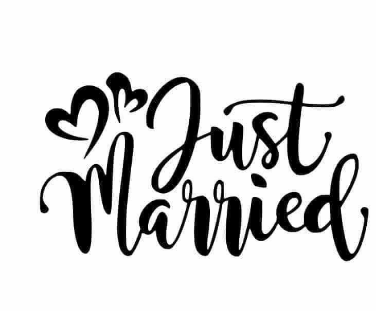 Just Married lettering in black script with two small hearts on white background