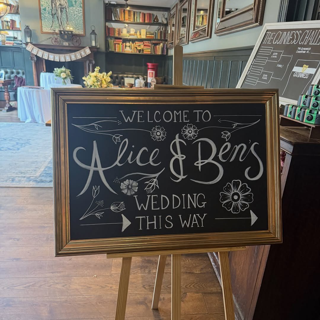 Black chalkboard with white chalk wedding welcome lettering on a wooden easel.
