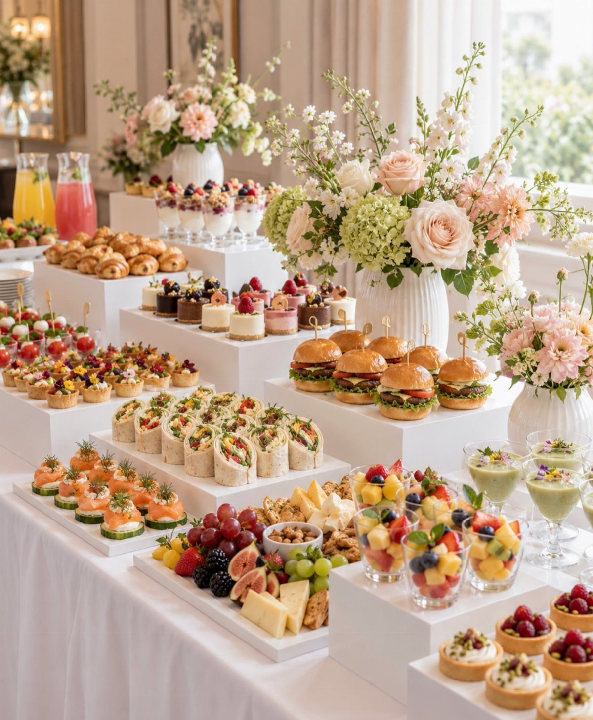 Lavish catering spread with gourmet appetizers, desserts, and floral arrangements on white tables.