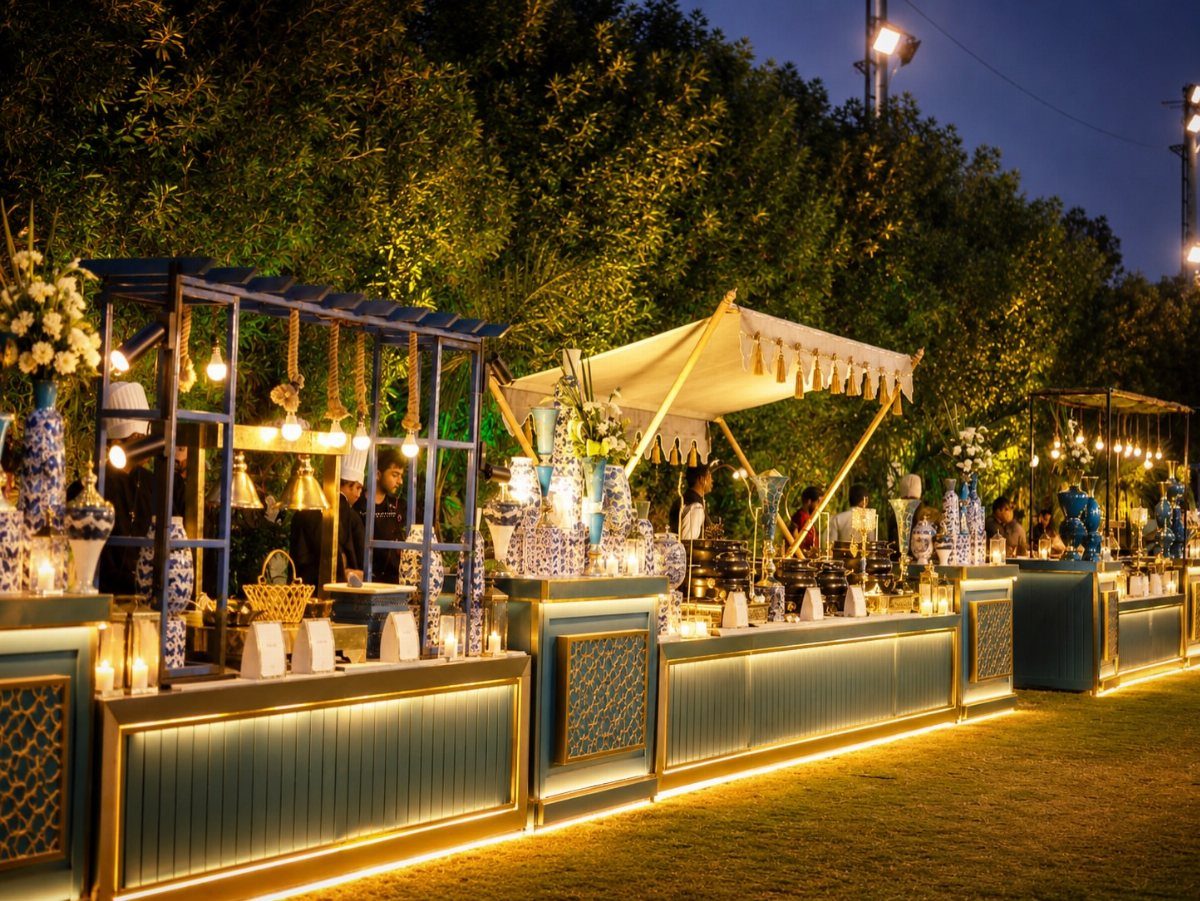 Outdoor luxury catering setup with blue and gold counters and a white canopy.