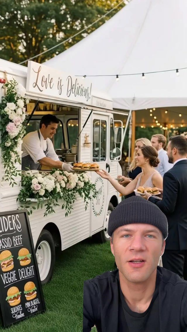 White vintage food truck serving sliders to wedding guests under a white tent.